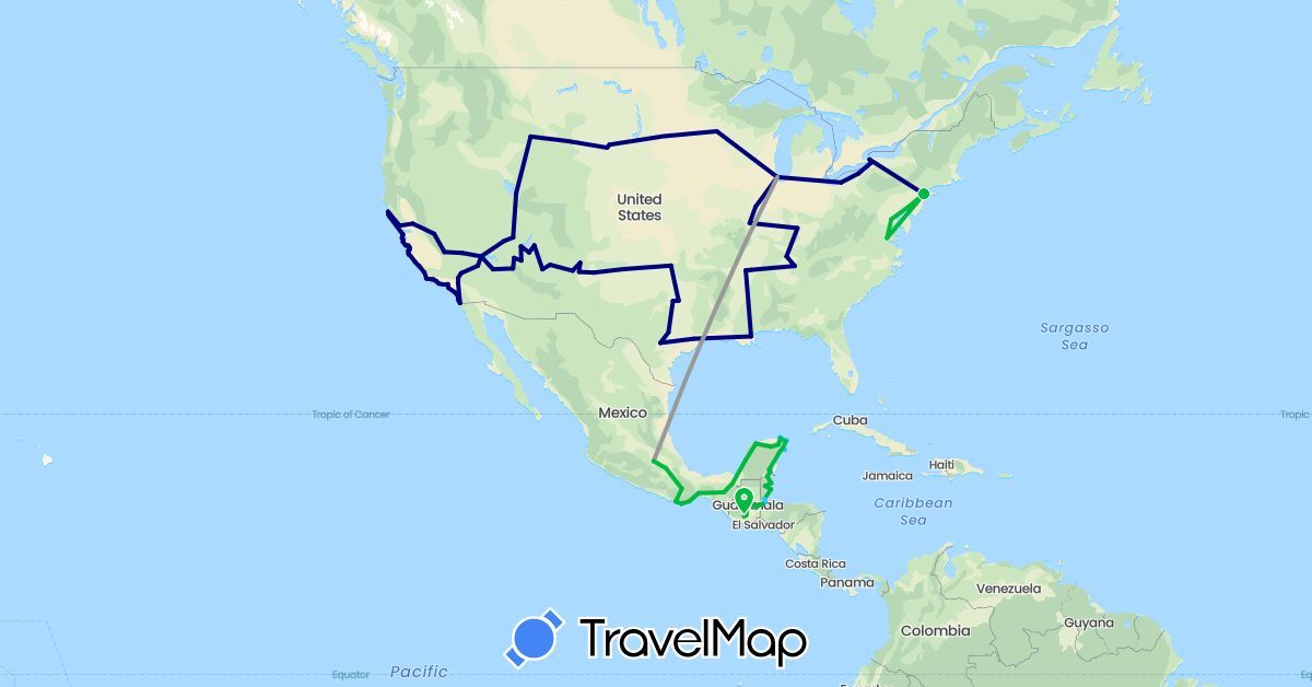 TravelMap itinerary: driving, bus, plane, boat in Belize, Guatemala, Mexico, United States (North America)